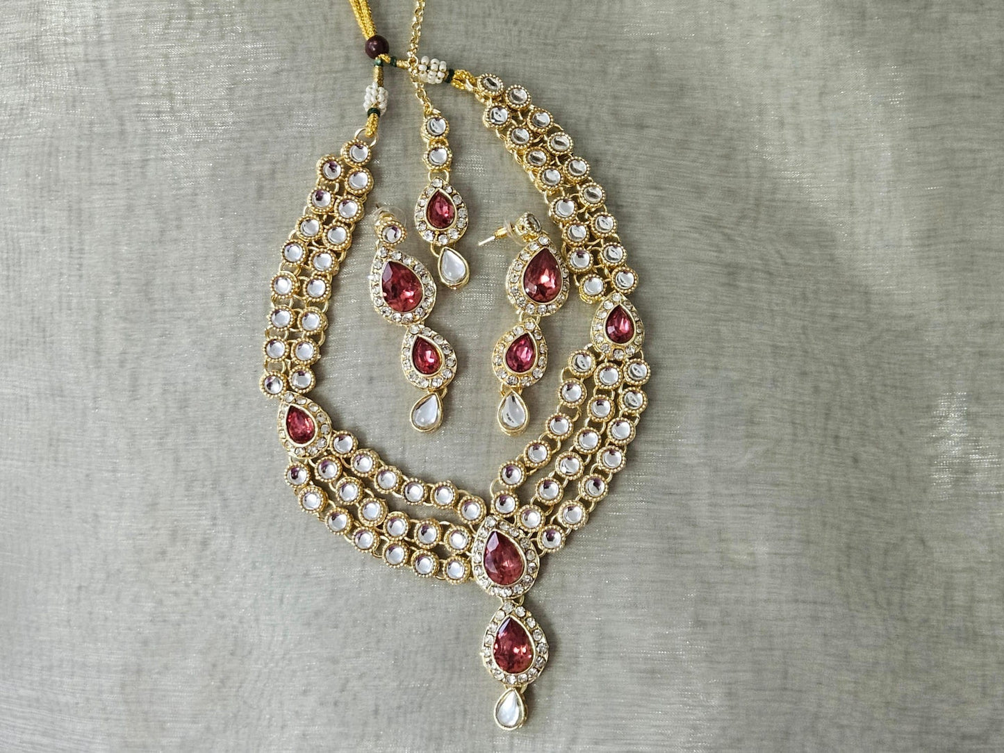 Gold Plated and American Diamond Gold Pink Necklace Set