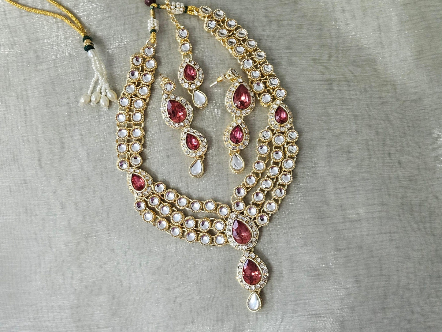 Gold Plated and American Diamond Gold Pink Necklace Set