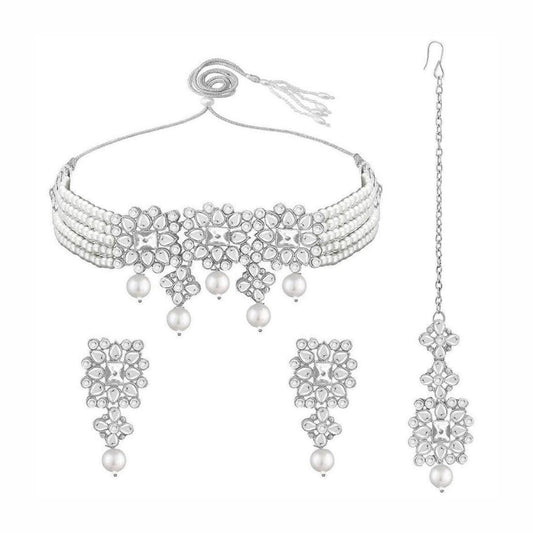 18K Rhodium Plated Silver Base Pearl Kundan Studded Sets