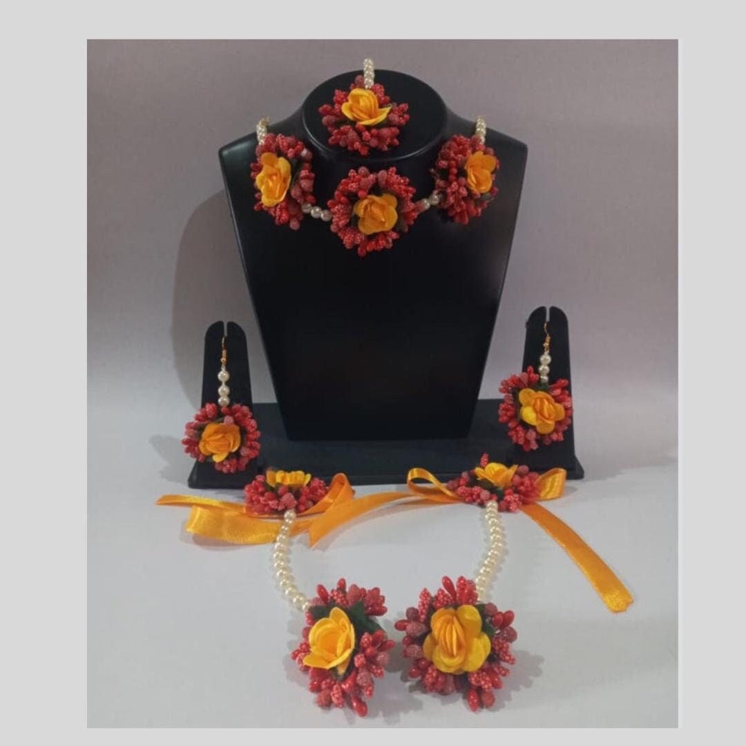 Artificial Red Base Flower Jewellery Sets Haldi Mehndi Dholki Sets