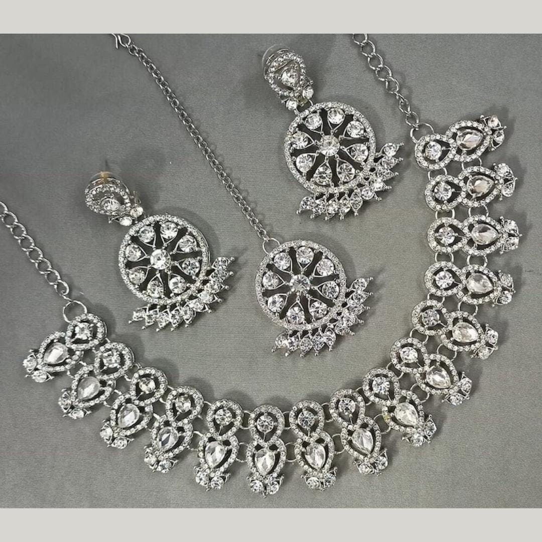 Desi Style Silver Finish White Stones Necklace Jewellery Sets