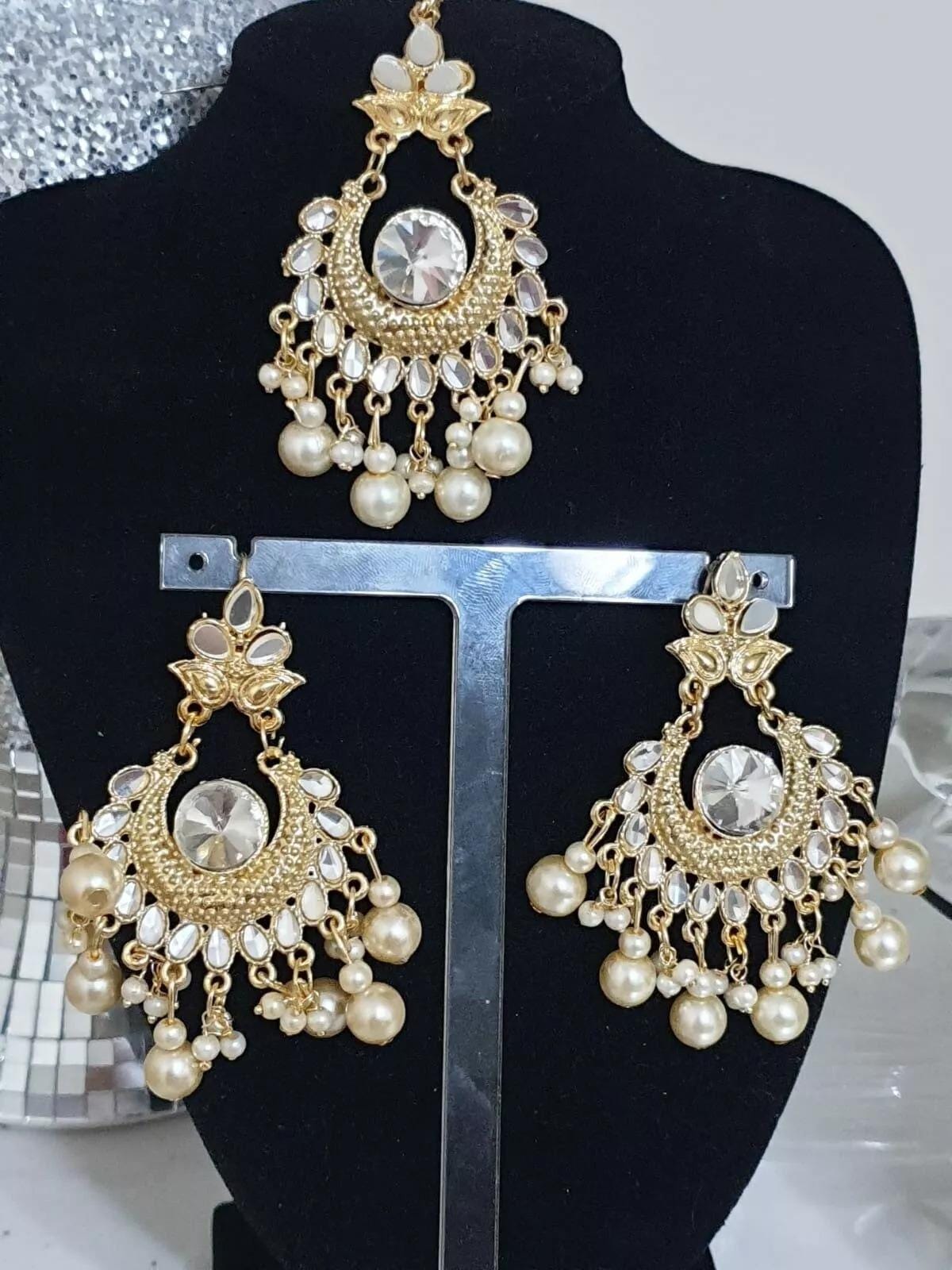 Sheesha Mirror Kundan Style, Dangler Earings Set With Tikka