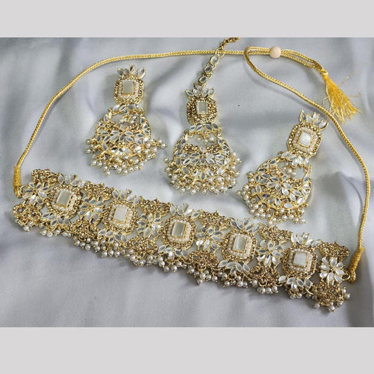 Kundan Style Bridal Gold Base Choker Set With Earings Tikka