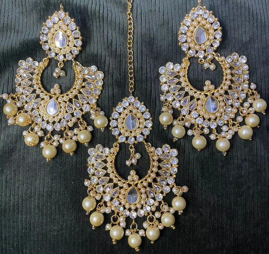 Heavy Gold Base Multi Stone And Pearl Tikka Earrings Set