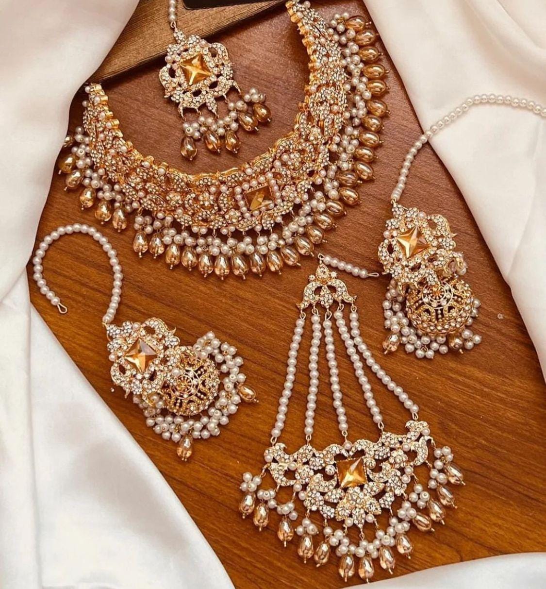 Pakistani Bridal Collar Necklace Set Jhumar TIkka Jhumkas