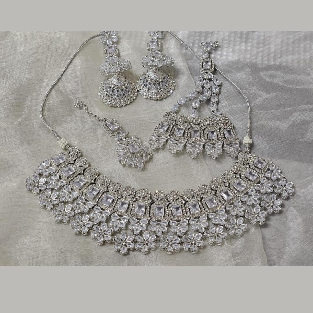 Traditional Silver Plated Stones Bridal Jewellery Set Earrings Jhumar Tikka