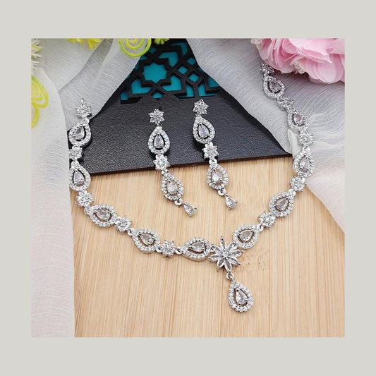 Silver Plated Indian Zircon Stones American Diamond Jewellery Set
