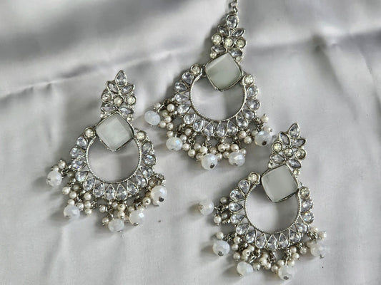 Silver Shade Dangler Earrings Set With Matha Tikka