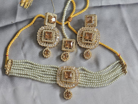 Bollywood Style Gold Finish Beads Champagne Stone Choker Set