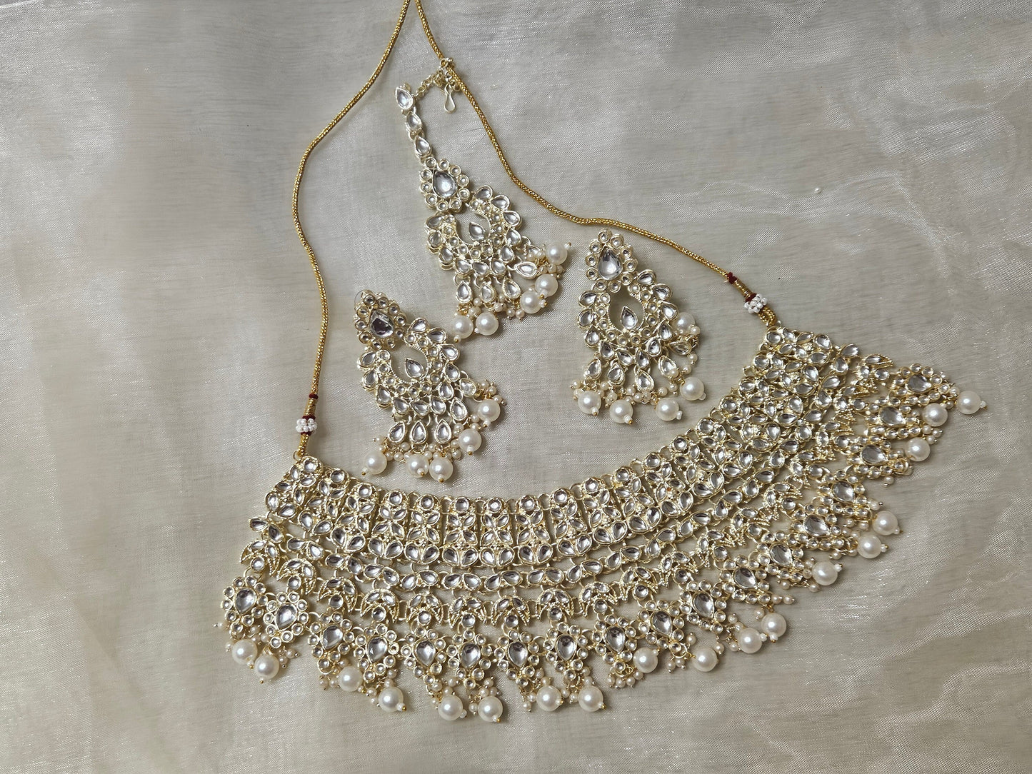 Bollywood Style Gold Finish White Pearls Wedding Necklace Set