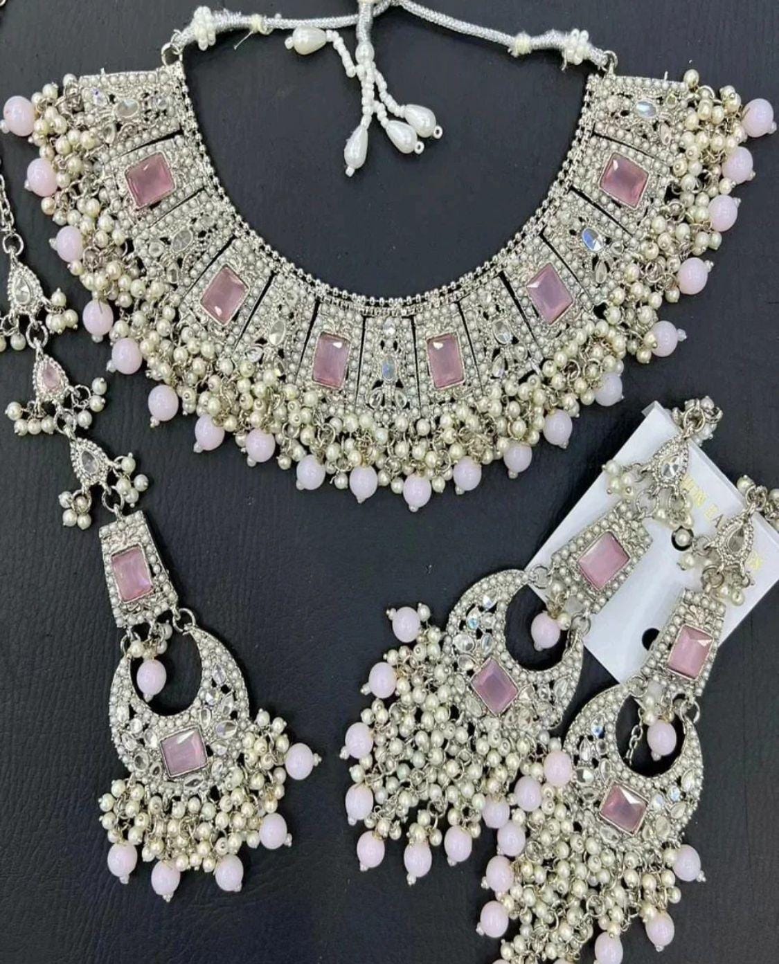 Asian Wedding Silver Plated Jewellery Set WIth Pearls and Stones