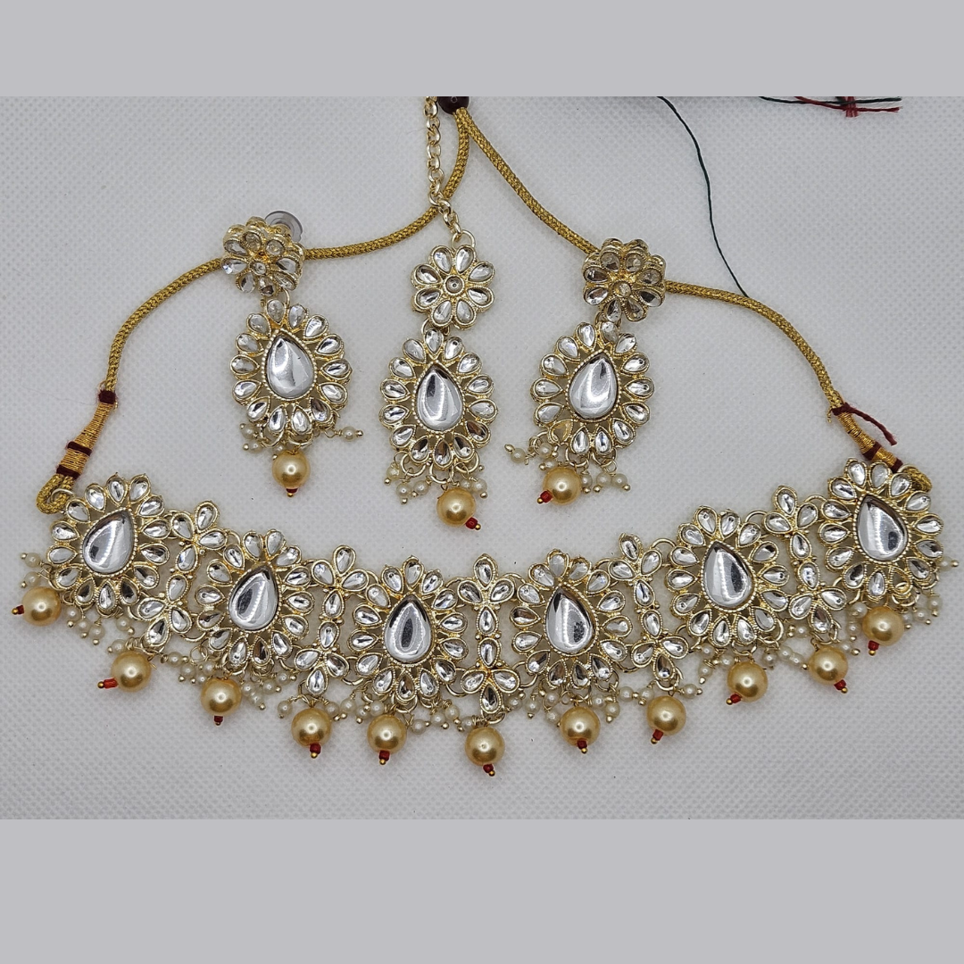Indian Style Gold Finish White Stone Choker Necklace Set