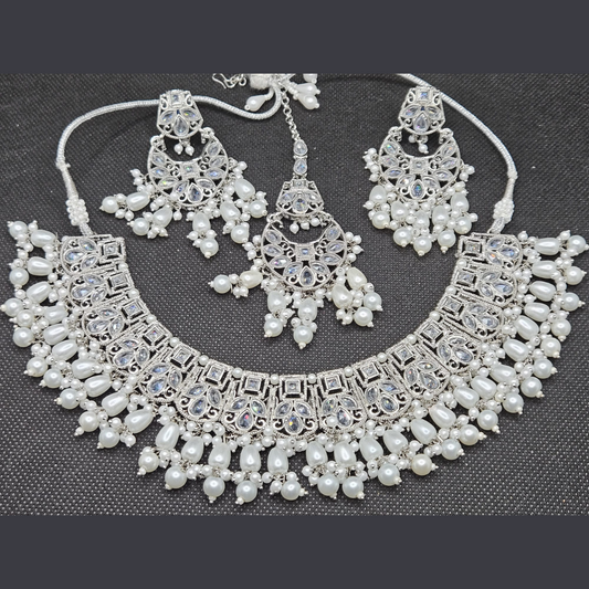 American Diamond Indian Silver Plated Pearls High Quality Full Jewellery Set