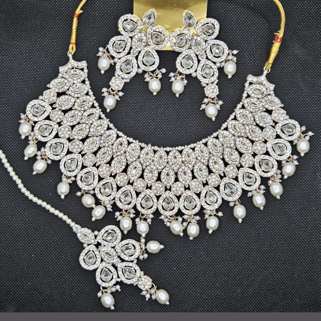 Rose Gold Plated Bridal Jewellery Necklace Set With Tikka